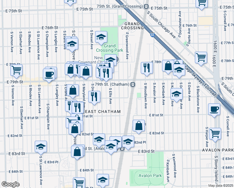 map of restaurants, bars, coffee shops, grocery stores, and more near 8001 South Ellis Avenue in Chicago