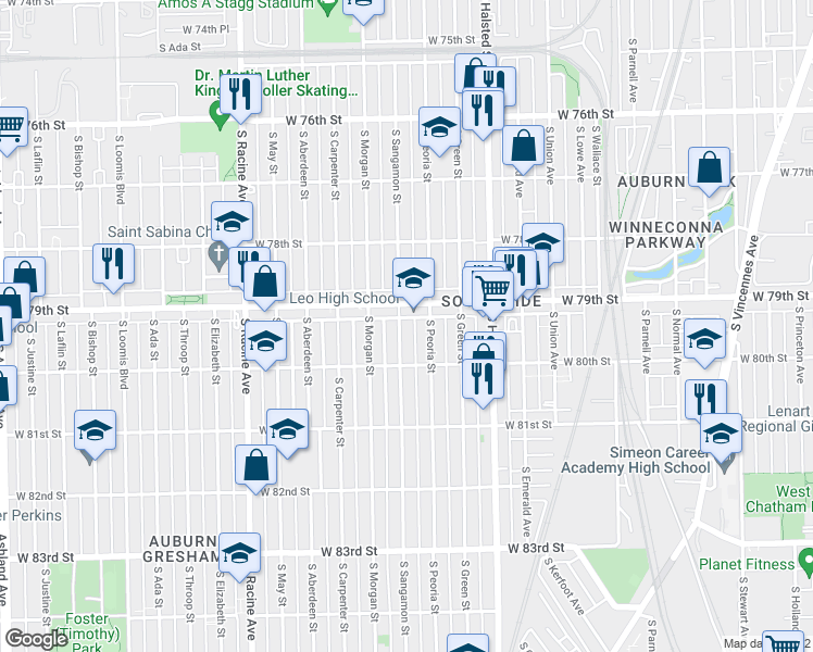 map of restaurants, bars, coffee shops, grocery stores, and more near 7921 South Sangamon Street in Chicago