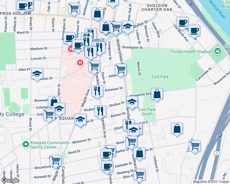 map of restaurants, bars, coffee shops, grocery stores, and more near 31 Annawan Street in Hartford