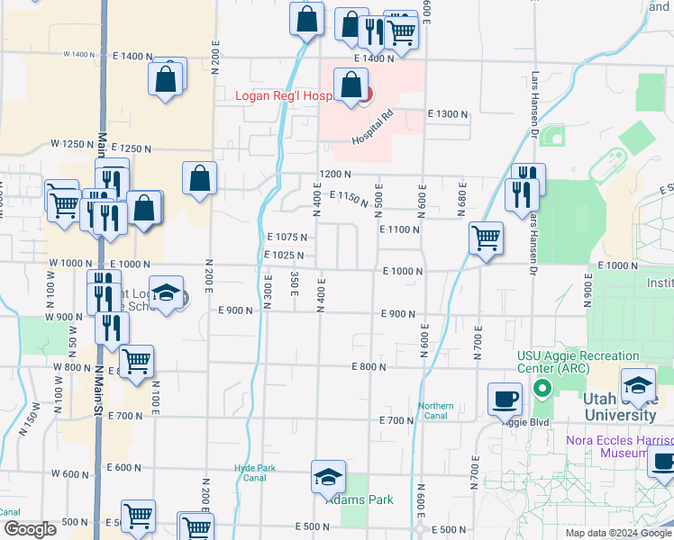 map of restaurants, bars, coffee shops, grocery stores, and more near 443 East 1000 North in Logan