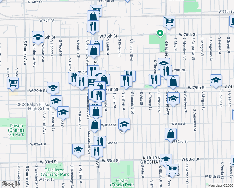 map of restaurants, bars, coffee shops, grocery stores, and more near 7928 South Bishop Street in Chicago