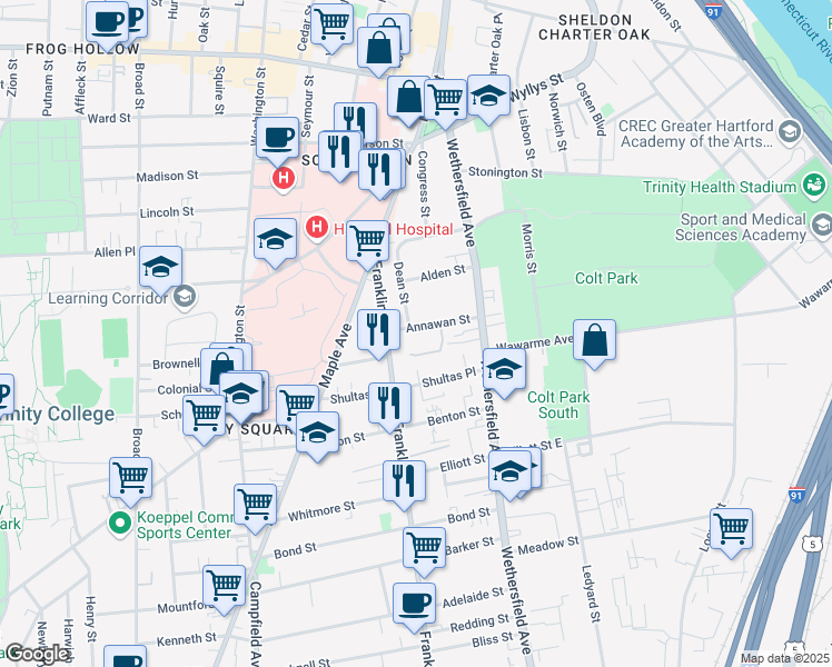 map of restaurants, bars, coffee shops, grocery stores, and more near 49 Annawan Street in Hartford
