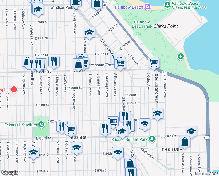 map of restaurants, bars, coffee shops, grocery stores, and more near 8017 South Muskegon Avenue in Chicago