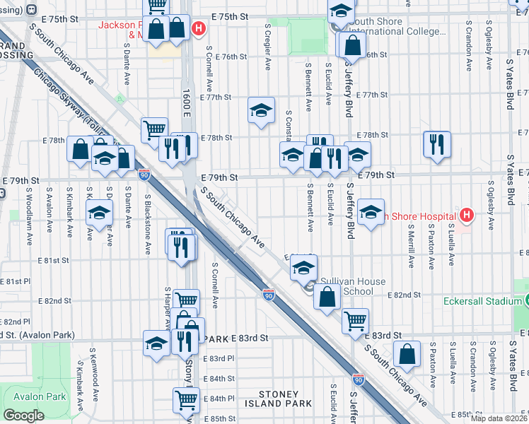 map of restaurants, bars, coffee shops, grocery stores, and more near 8004 South Constance Avenue in Chicago