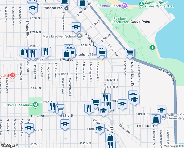 map of restaurants, bars, coffee shops, grocery stores, and more near 8001 South Muskegon Avenue in Chicago