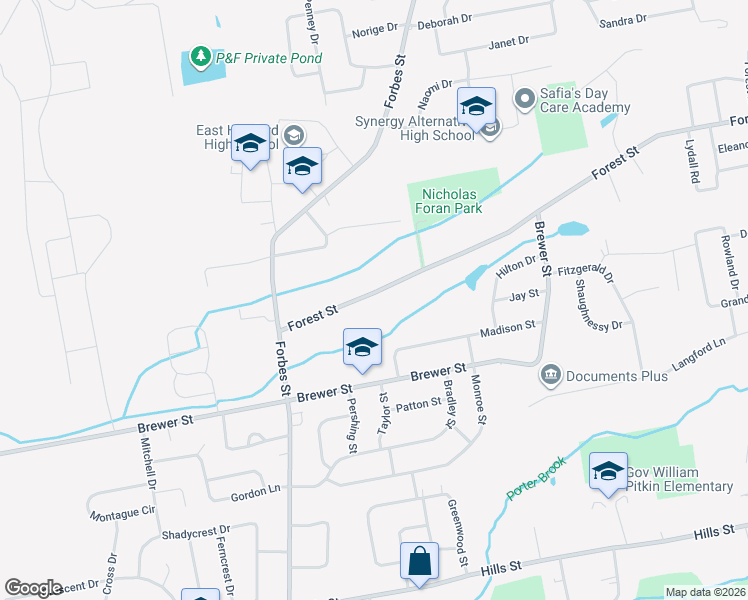 map of restaurants, bars, coffee shops, grocery stores, and more near 89 Forest Street in East Hartford