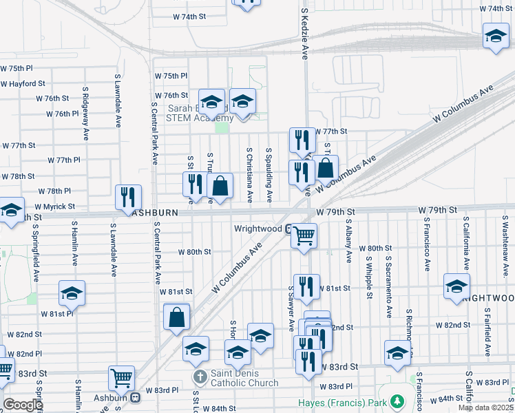 map of restaurants, bars, coffee shops, grocery stores, and more near 3316 West 79th Street in Chicago