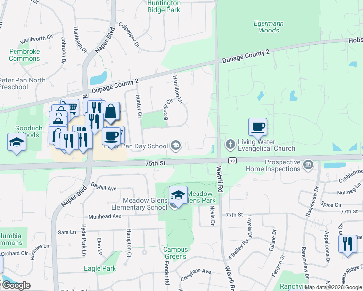 map of restaurants, bars, coffee shops, grocery stores, and more near 1280 Stonebriar Court in Naperville