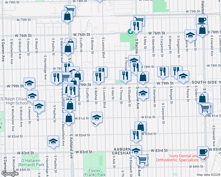 map of restaurants, bars, coffee shops, grocery stores, and more near 7933 South Ada Street in Chicago