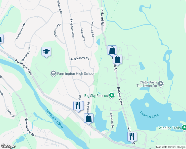 map of restaurants, bars, coffee shops, grocery stores, and more near 4 Thornwood Lane in Farmington