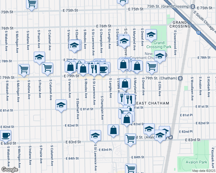 map of restaurants, bars, coffee shops, grocery stores, and more near 7942 South Langley Avenue in Chicago