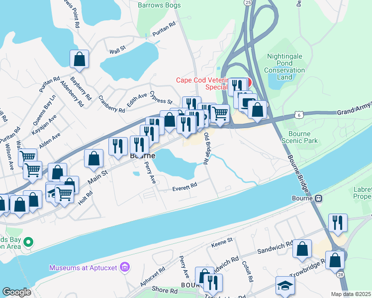 map of restaurants, bars, coffee shops, grocery stores, and more near 11A Old Bridge Road in Bourne