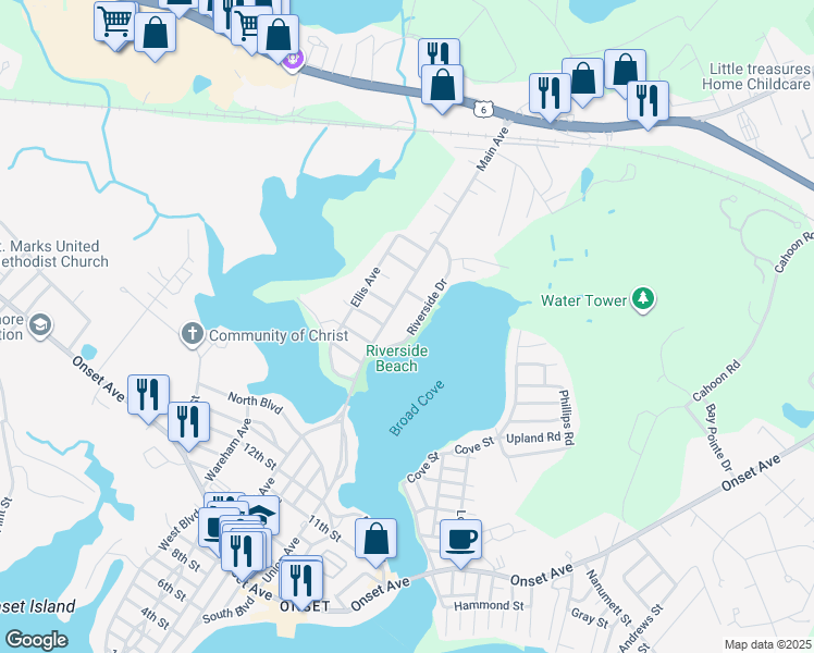 map of restaurants, bars, coffee shops, grocery stores, and more near 47 Riverside Drive in Wareham