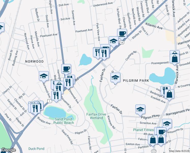 map of restaurants, bars, coffee shops, grocery stores, and more near 91 Fairfax Drive in Warwick