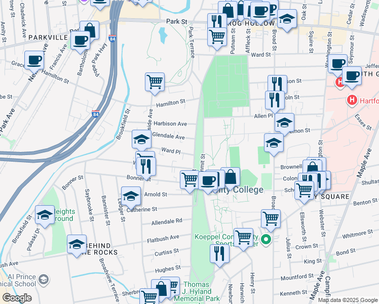 map of restaurants, bars, coffee shops, grocery stores, and more near 13 Ward Place in Hartford