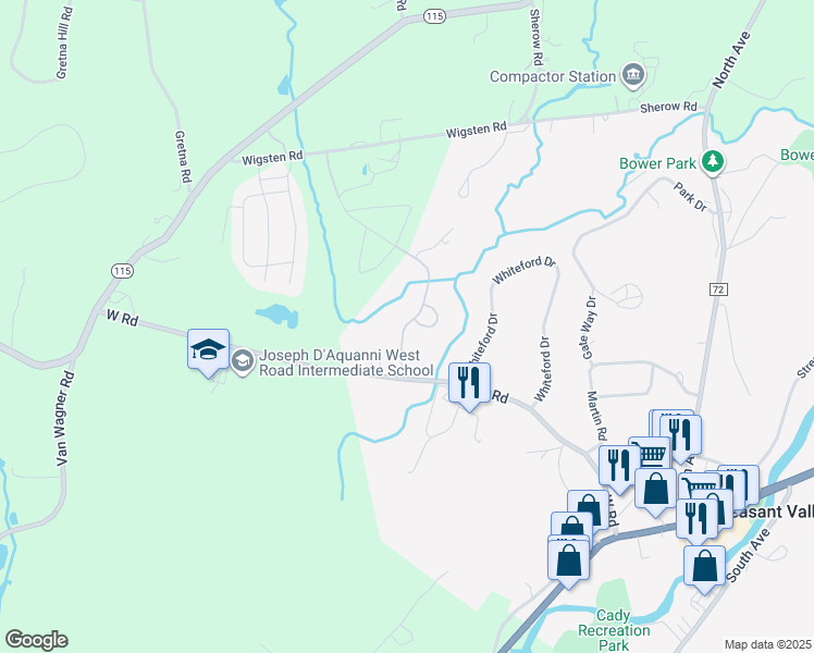 map of restaurants, bars, coffee shops, grocery stores, and more near 10312 Brookside Road in Pleasant Valley