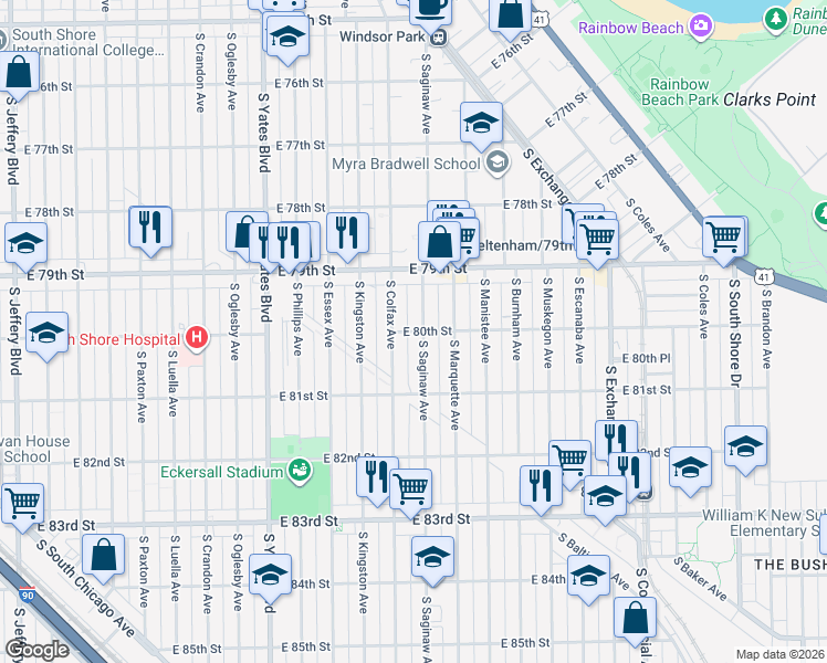 map of restaurants, bars, coffee shops, grocery stores, and more near 8015 South Colfax Avenue in Chicago