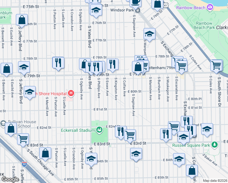map of restaurants, bars, coffee shops, grocery stores, and more near 8011 South Kingston Avenue in Chicago