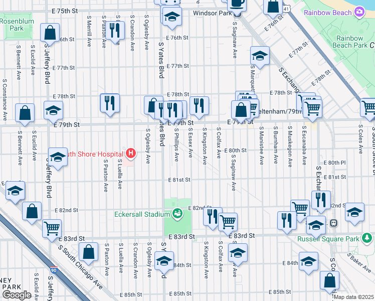 map of restaurants, bars, coffee shops, grocery stores, and more near 8016 South Essex Avenue in Chicago