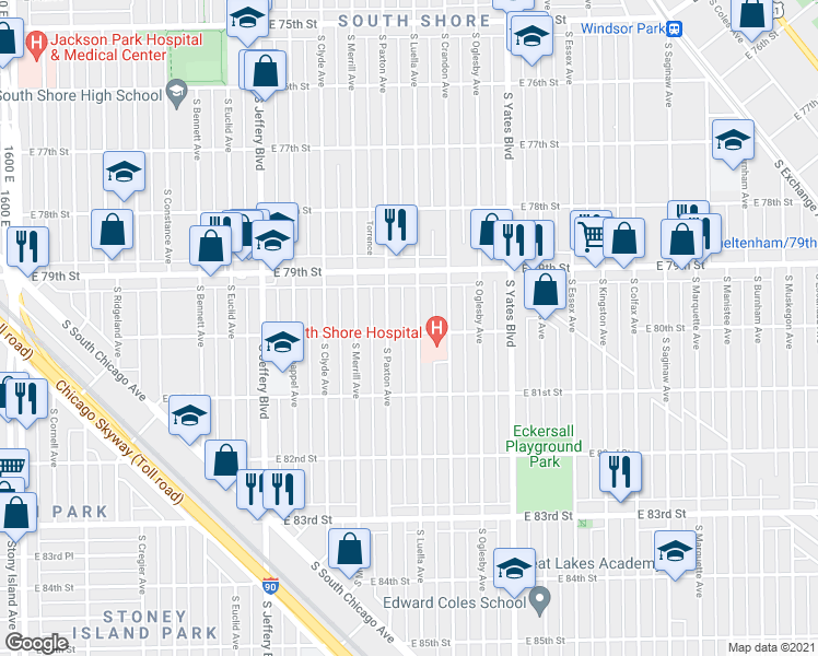 map of restaurants, bars, coffee shops, grocery stores, and more near 8008 South Luella Avenue in Chicago