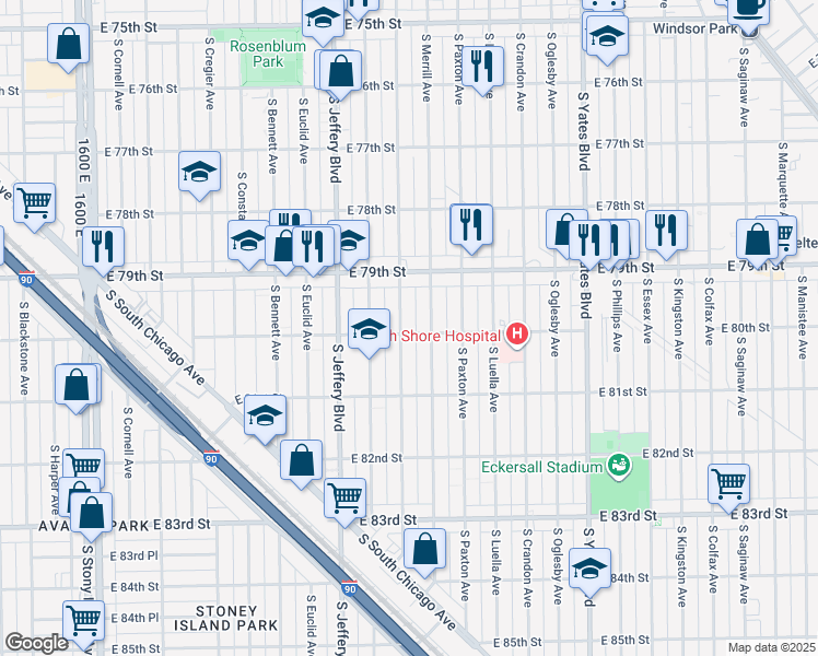 map of restaurants, bars, coffee shops, grocery stores, and more near 8009 South Clyde Avenue in Chicago