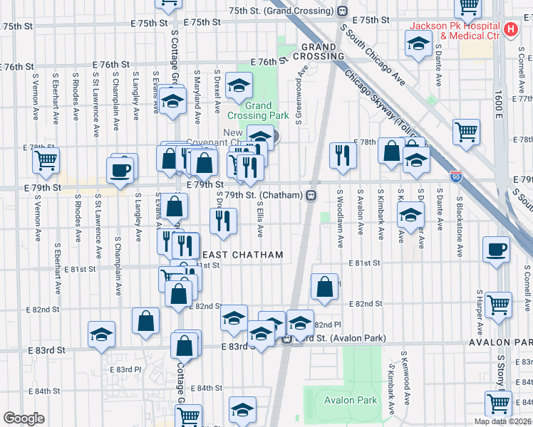 map of restaurants, bars, coffee shops, grocery stores, and more near 8001 South Ellis Avenue in Chicago