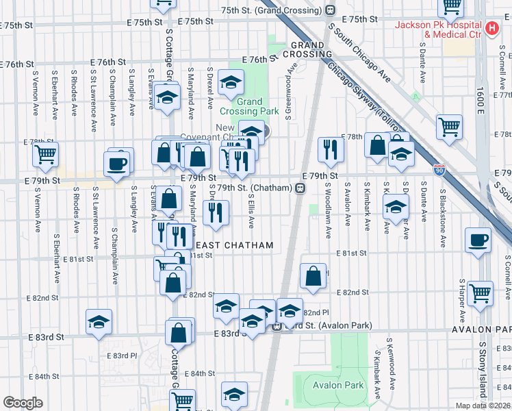 map of restaurants, bars, coffee shops, grocery stores, and more near 8001 South Ellis Avenue in Chicago