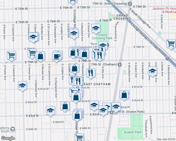 map of restaurants, bars, coffee shops, grocery stores, and more near 856 East 80th Street in Chicago