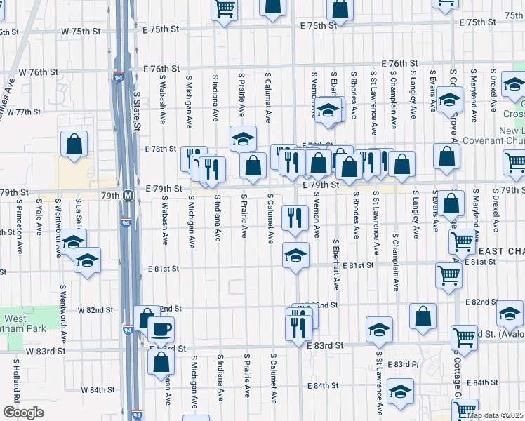 map of restaurants, bars, coffee shops, grocery stores, and more near 7955 South Calumet Avenue in Chicago