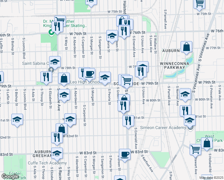 map of restaurants, bars, coffee shops, grocery stores, and more near 7932 South Peoria Street in Chicago