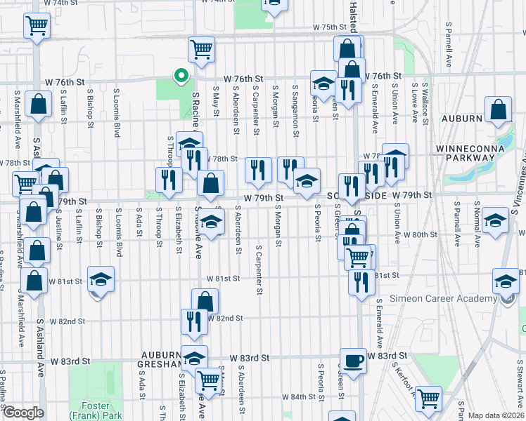 map of restaurants, bars, coffee shops, grocery stores, and more near 7926 South Morgan Street in Chicago