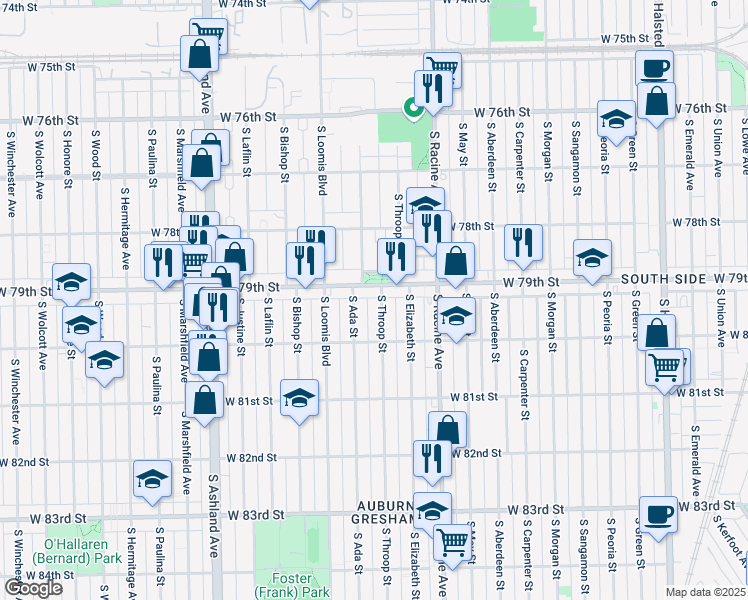 map of restaurants, bars, coffee shops, grocery stores, and more near 7933 South Ada Street in Chicago