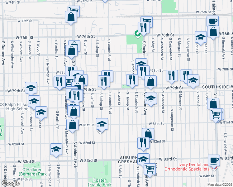 map of restaurants, bars, coffee shops, grocery stores, and more near 7933 South Ada Street in Chicago
