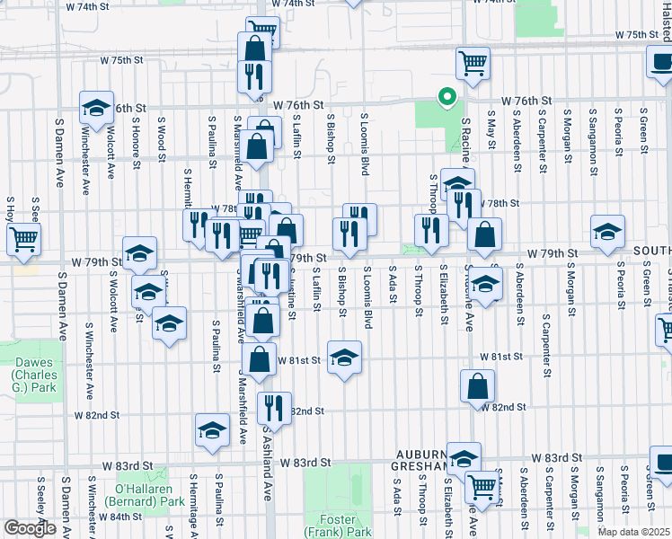 map of restaurants, bars, coffee shops, grocery stores, and more near 7928 South Bishop Street in Chicago
