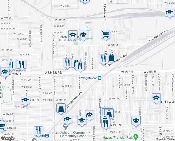 map of restaurants, bars, coffee shops, grocery stores, and more near 3343 West 79th Street in Chicago