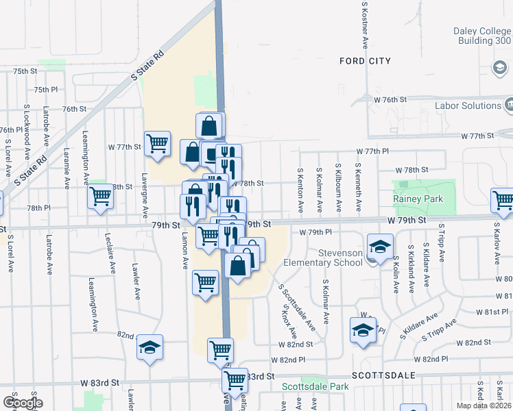 map of restaurants, bars, coffee shops, grocery stores, and more near 4712 West 79th Street in Chicago