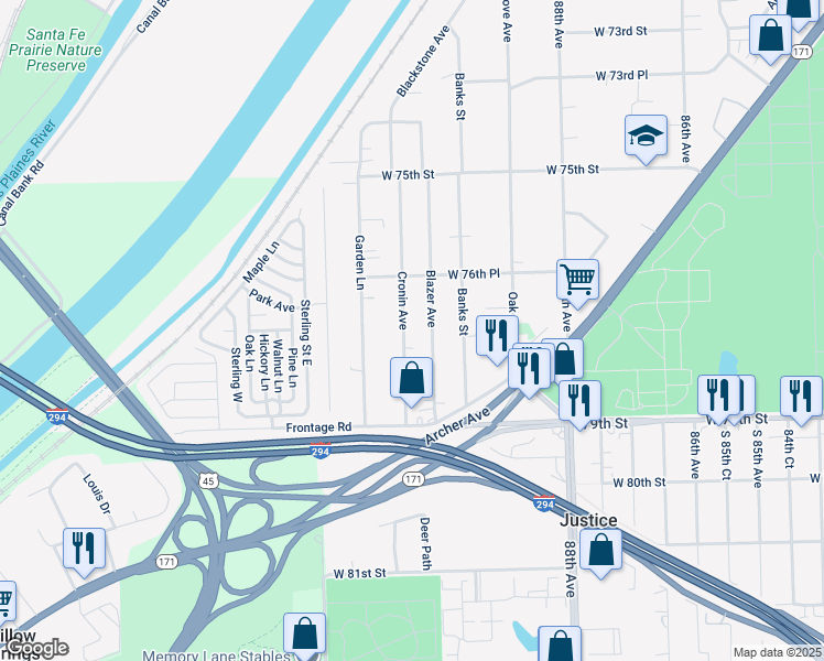 map of restaurants, bars, coffee shops, grocery stores, and more near 7751 Cronin Avenue in Justice