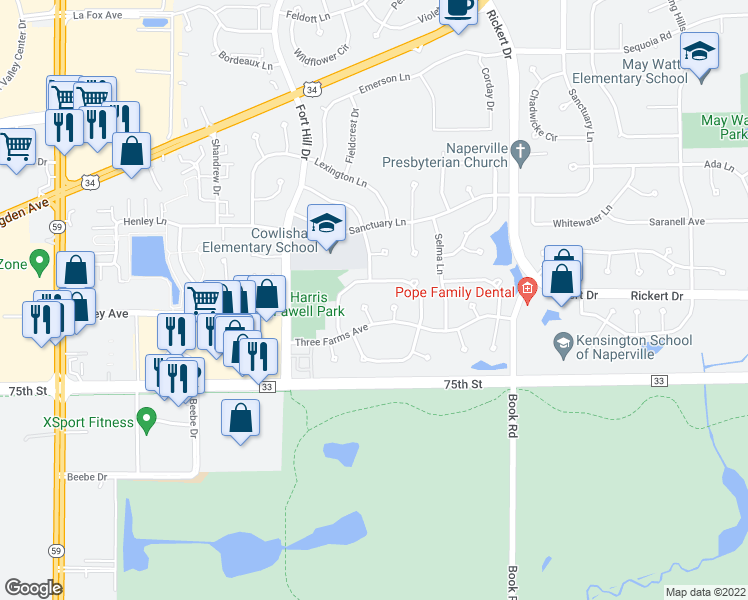 map of restaurants, bars, coffee shops, grocery stores, and more near 1124 Natalie Court in Naperville