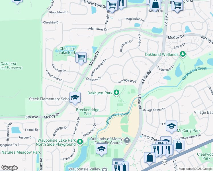 map of restaurants, bars, coffee shops, grocery stores, and more near 221 Millington Lane in Aurora