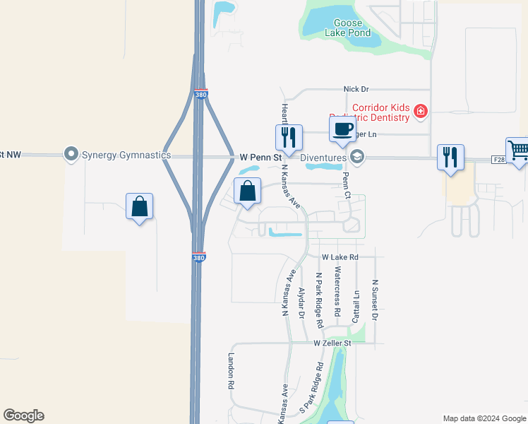 map of restaurants, bars, coffee shops, grocery stores, and more near 475 Glenmoor Place in North Liberty
