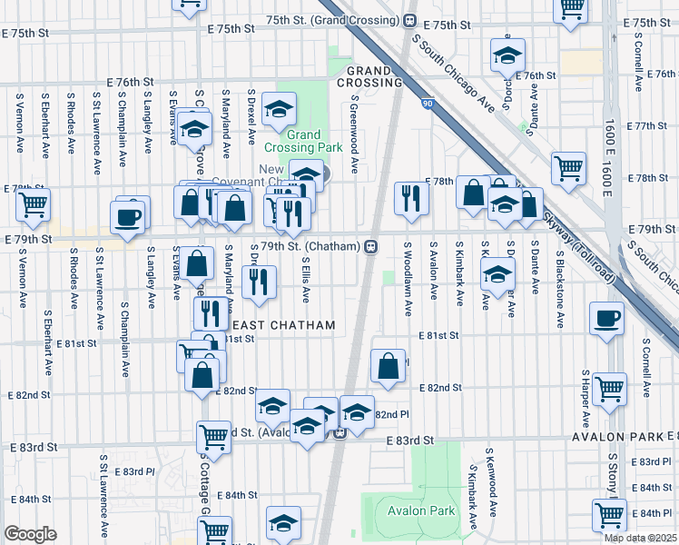 map of restaurants, bars, coffee shops, grocery stores, and more near 1049 East 80th Street in Chicago