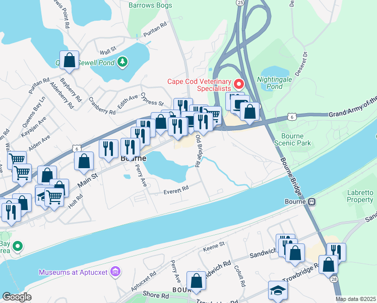 map of restaurants, bars, coffee shops, grocery stores, and more near 11A Old Bridge Road in Bourne