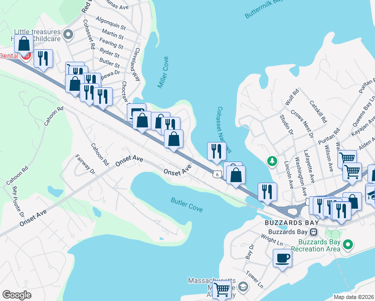 map of restaurants, bars, coffee shops, grocery stores, and more near 3213 Cranberry Highway in Wareham