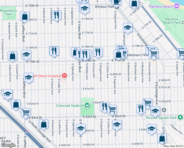 map of restaurants, bars, coffee shops, grocery stores, and more near 7925 South Phillips Avenue in Chicago