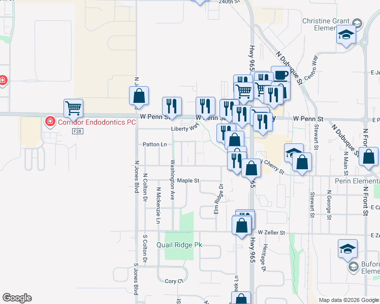 map of restaurants, bars, coffee shops, grocery stores, and more near 870 West Cherry Street in North Liberty
