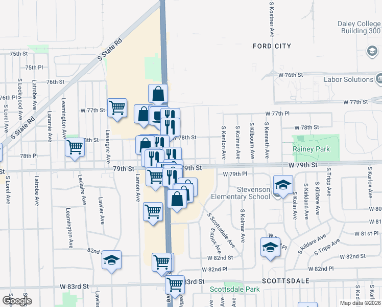 map of restaurants, bars, coffee shops, grocery stores, and more near 4712 West 79th Street in Chicago