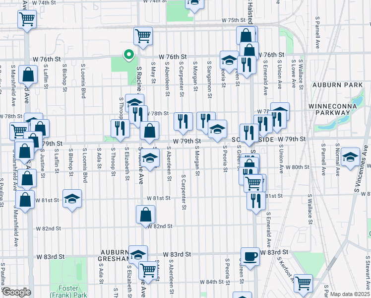 map of restaurants, bars, coffee shops, grocery stores, and more near 7926 South Morgan Street in Chicago