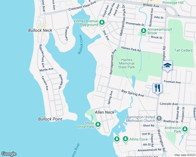 map of restaurants, bars, coffee shops, grocery stores, and more near 18 Leslie Avenue in Barrington