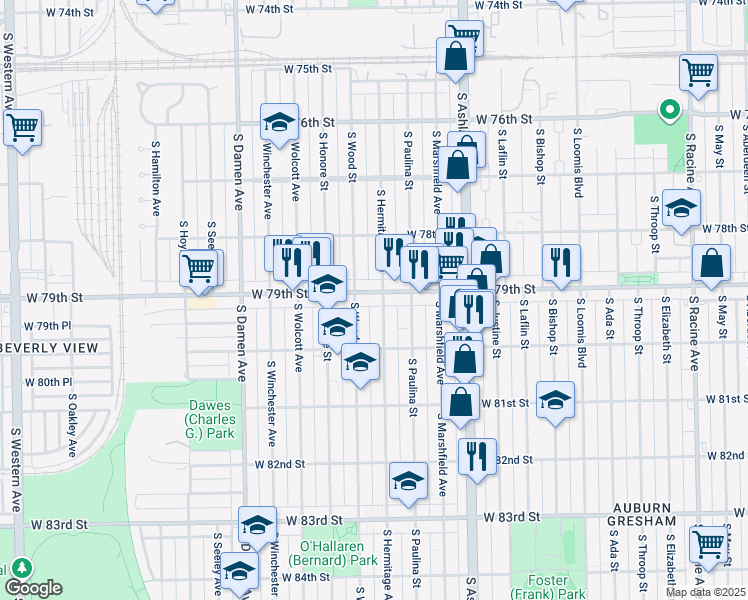 map of restaurants, bars, coffee shops, grocery stores, and more near 7928 South Hermitage Avenue in Chicago