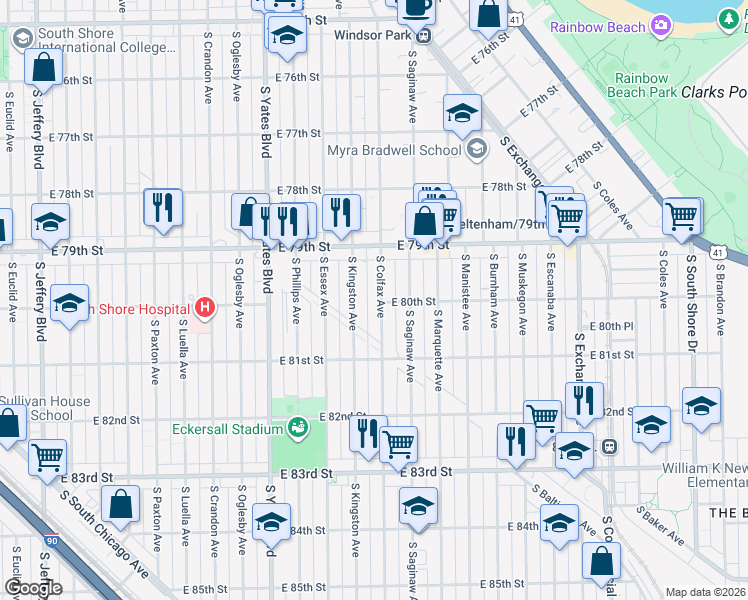 map of restaurants, bars, coffee shops, grocery stores, and more near 8015 South Colfax Avenue in Chicago